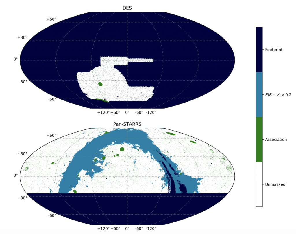 map of observational areas from the DES and Pan-STARRS survey shows which regions of the sky were covered in this analysis. Areas darkened out were not covered, white areas were where data was collected and from where it was analyzed