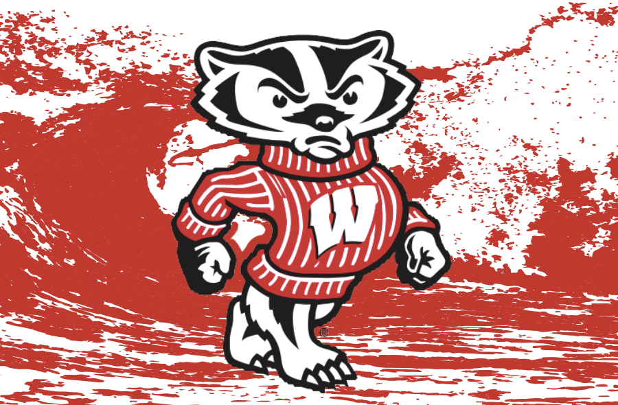 bucky badger in front of an abstract red wave-like design element