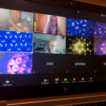 picture of a computer screen showing a Zoom meeting where most of the individual boxes are where the students' kaleidoscopes are being held up to the camera