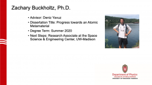 slide lists info about graduate and a profile photo. advisor: Yavuz, next steps: research associate at space science & engineering center at UW