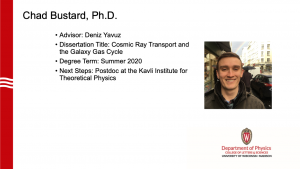 slide lists info about graduate and a profile photo. Advisor: Yavuz. next steps: postdoc at Kavli Institute for theoretical physics.