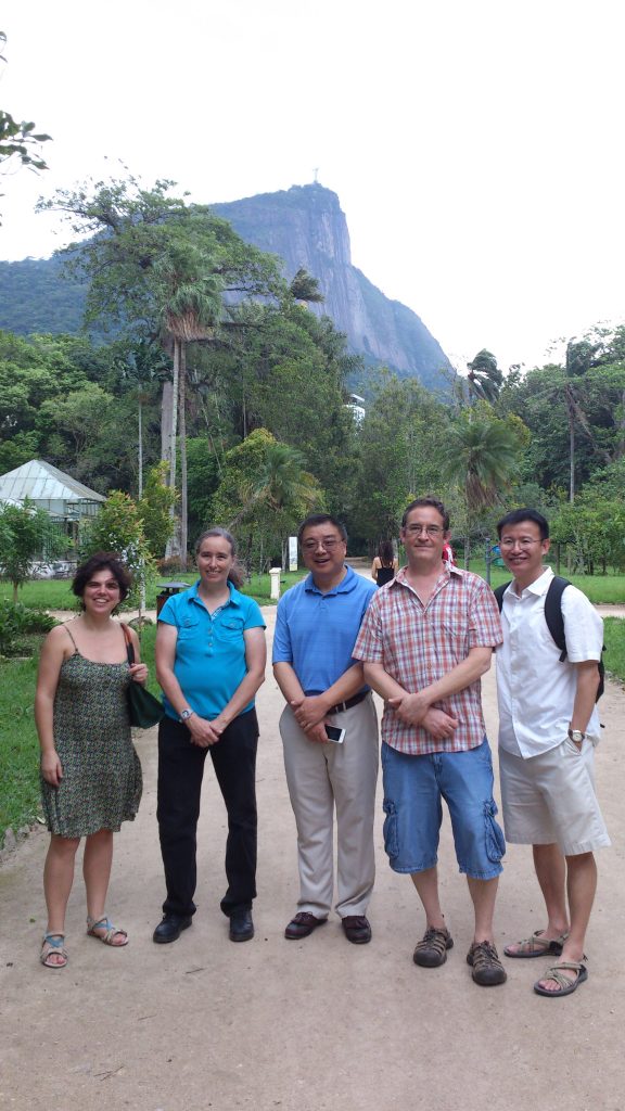 five people stand in the foreground with a mountain in the background in Rio de Janeiro