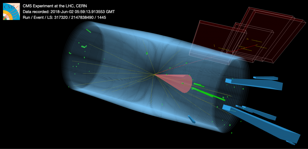 a cylindrical shape made up of blue lines has a cone of red lines emanating from its center within the cylinder, like it's heading toward exiting out the base of the cylinder