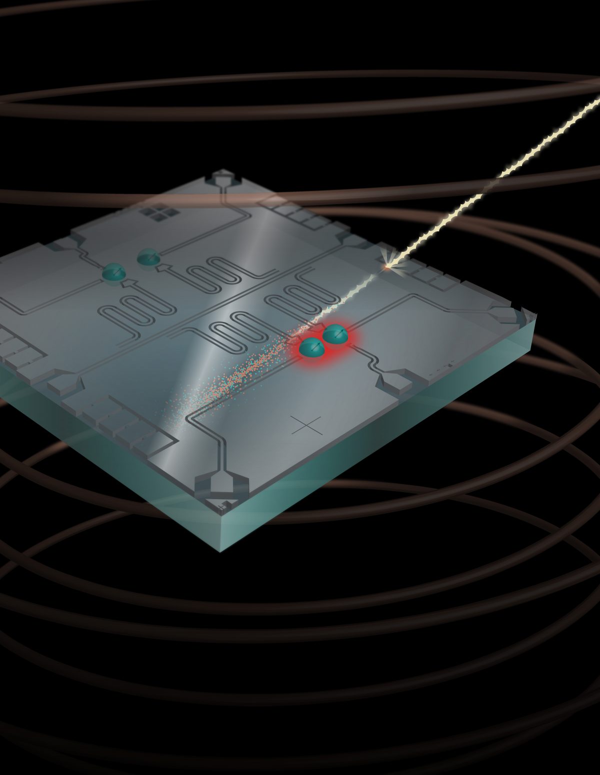 artist rendition of a 4-qubit chip with a dotted-line-like cosmic ray hitting it from out of the image frame, lighting up two neighboring qubits "red" to indicate they are affected by the cosmic ray's energy