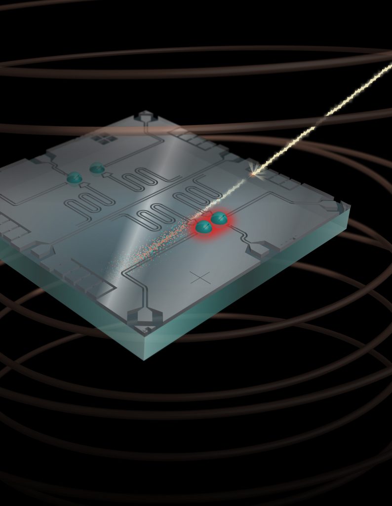 artist rendition of a 4-qubit chip with a dotted-line-like cosmic ray hitting it from out of the image frame, lighting up two neighboring qubits "red" to indicate they are affected by the cosmic ray's energy