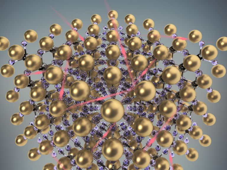 a molecular structure with balls and sticks between them. the balls are gold and there are pink lines connecting some of them
