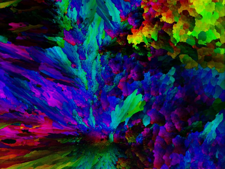 what looks like an abstract rainbow-colored image is really colors assigned to crystal orientation angles