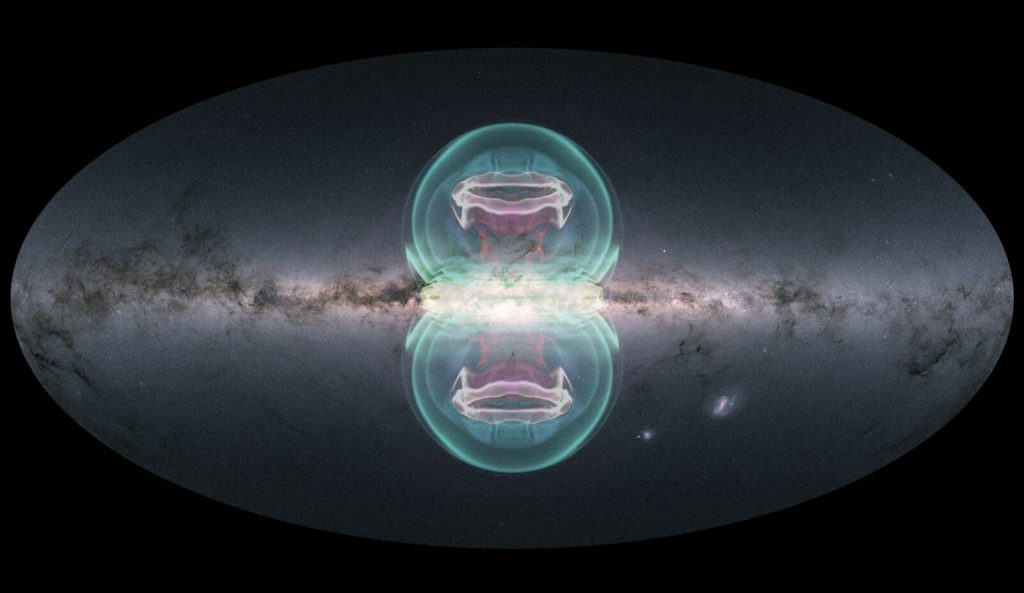 depiction of a blueish circle and its reflection below seen in distant space with a Milky Way image in the background