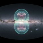 depiction of a blueish circle and its reflection below seen in distant space with a Milky Way image in the background