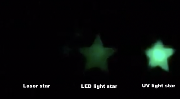 a black image that says laser star on the left, LED star in the middle, and UV light star on the right. The left "star" is completely black, the middle star is glowing a faint green, and the right star is glowing the brightest