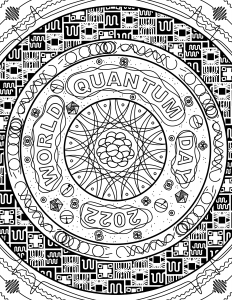 a black and white coloring book-like image with quantum images, made to be colored in