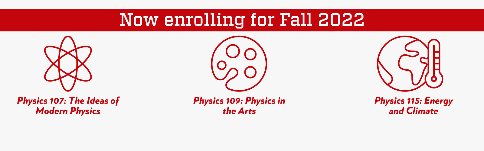 says "now enrolling fall 2022" [atom icon] Physics 107 the Ideas of Modern Physics | [art palette icon] Physics 109: Physics in the Arts | [globe with thermometer icon] Physics 115: Energy and Climate