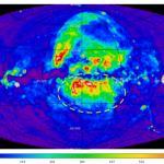 a heatmap of the night sky that is mostly blue but has a few blobs of green and warmer colors like orange and red. One of the blobs is circled, indicating the area that McCammon's team is focusing on