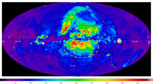 a heatmap of the night sky that is mostly blue but has a few blobs of green and warmer colors like orange and red. One of the blobs is circled, indicating the area that McCammon's team is focusing on