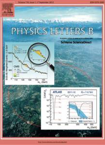cover of an issue of Physics Letters B, with data plots of the Higgs discovery in the foreground and a background aerial shot of CERN