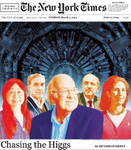 a screenshot of a newspaper front page, with an artistically-rendered photo of 5 key scientists involved in the Higgs discovery