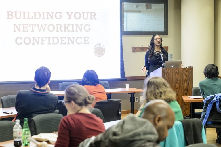 Graduate students listen to Torsheika Maddox, administrative project manager and researcher in the Division of Diversity, Equity and Educational Achievement, during a "Building Your Networking Confidence" workshop at Union South held by the UW Graduate School Office of Professional Development at the University of Wisconsin-Madison on Nov. 30, 2017. (Photo by Bryce Richter / UW-Madison)