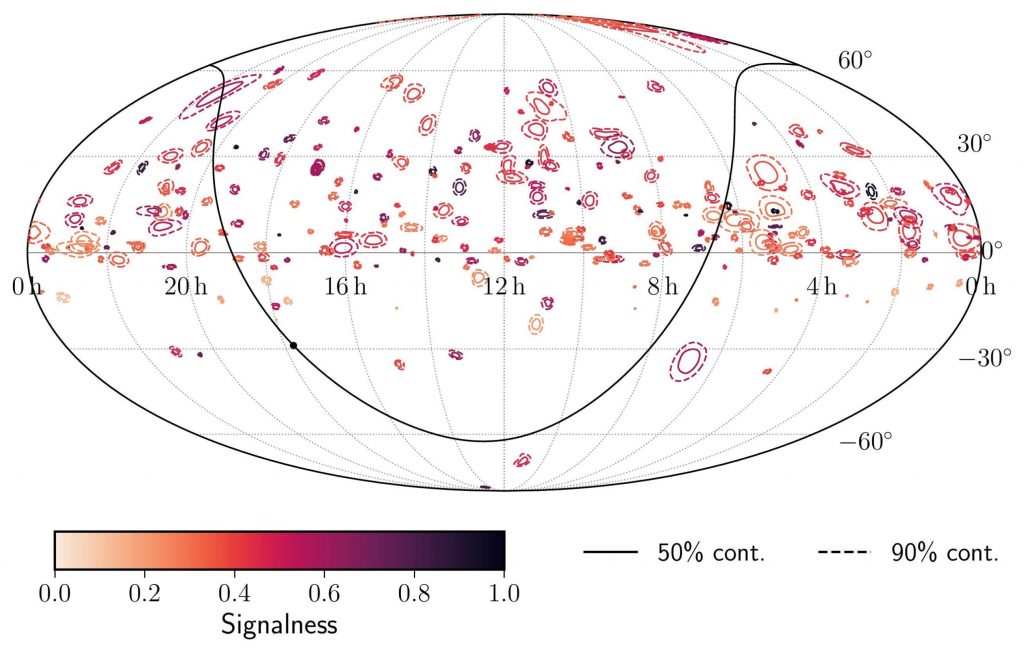 a map of celestial coordinates with ovoid lines shown as a heatmap of locations where neutrino candidate events likely originated