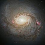 a bright galaxy in a dark space background. It looks like a characteristic galaxy with a bright center and hurricane-like whirls circling around the core