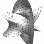 an abstract 3D mobius-like strip but with 6 curved folds, with some numbers and letters typed in rows along the surfaces