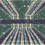 a geometric pattern of lines in green, light gold, and black/dark purple, representing the qubit