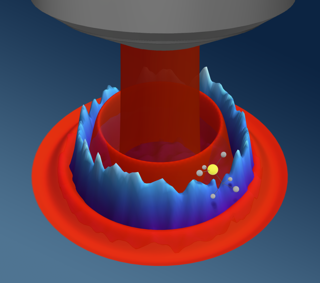 a cartoon-rendered image of a microscope objective, with a red cylinder (light) hitting a sample that shows concentric rings of red and blue, as described in the text