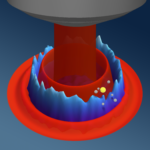 a cartoon-rendered image of a microscope objective, with a red cylinder (light) hitting a sample that shows concentric rings of red and blue, as described in the text