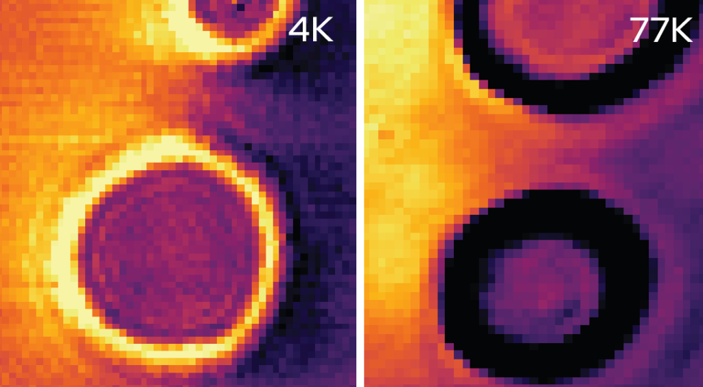 two panels in heat-map style. both panels have circles in the middle. The panel on the left has more yellow and red to the left of the circle and a bright yellow ring around the circle; the right panel has a less sharp transition of colors from left to right and no bright ring around the circles.