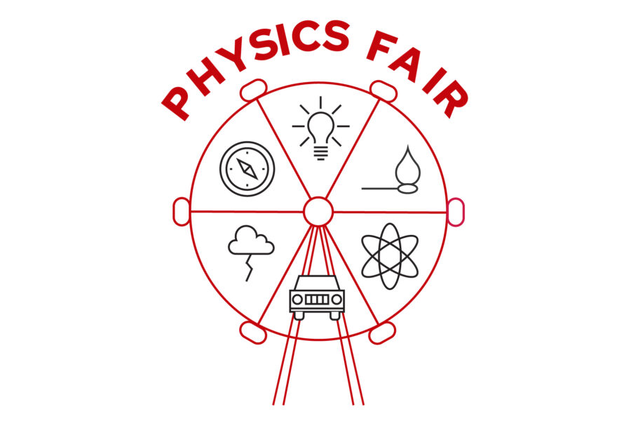 a line graphic of a ferris wheel with other line icons of physics-related things, like light and time and electricity