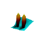 two cylinders act like a dam, with blue "water" higher behind the cylinders and less water level below.