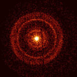 a series of orange-red pixelated concentric circles around a bright orange-red dot in the center