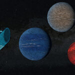 illustration shows a cartoon-like depiction of Kepler space telescope and three cartoon-like exoplanets it discovered at the end of its life