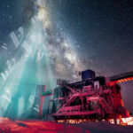 a red-lit IceCube lab (a metal modern-looking lab building stationed at the south pole) with the white swirl of the Milky Way behind it is in a photo, with an artists rendering of a stream of neutrinos (greek letter nu) streams out of the center of the Milky Way