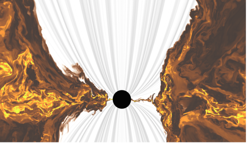 a small black point at the center of the image is flanked by two brown-ish blobs made of flowing lines, like magma flowing down a volcano. Grey parabolic lines also shoot out the top and bottom. 