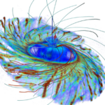 a wispy, circular set of colorful lines emanate from a center point, indicating the electromagnetic field shooting out of a neutron star