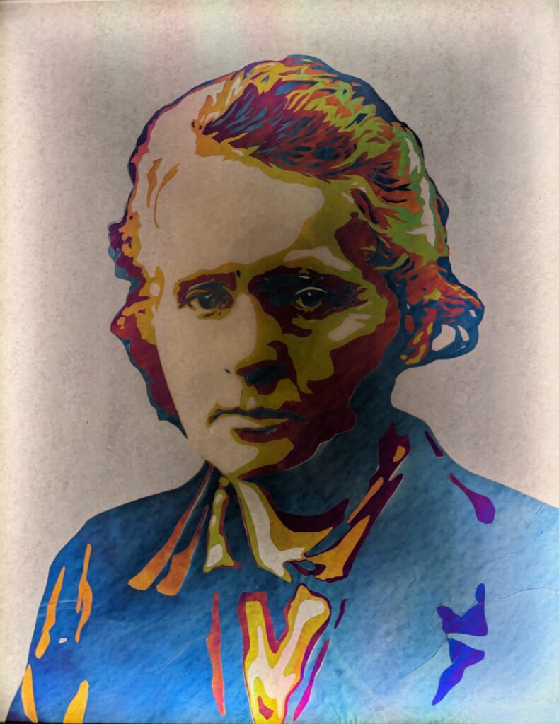 an oddly-shaded portrait of physicist Marie Curie, which can only be viewed when a light polarizer is held in front of the portrait 
