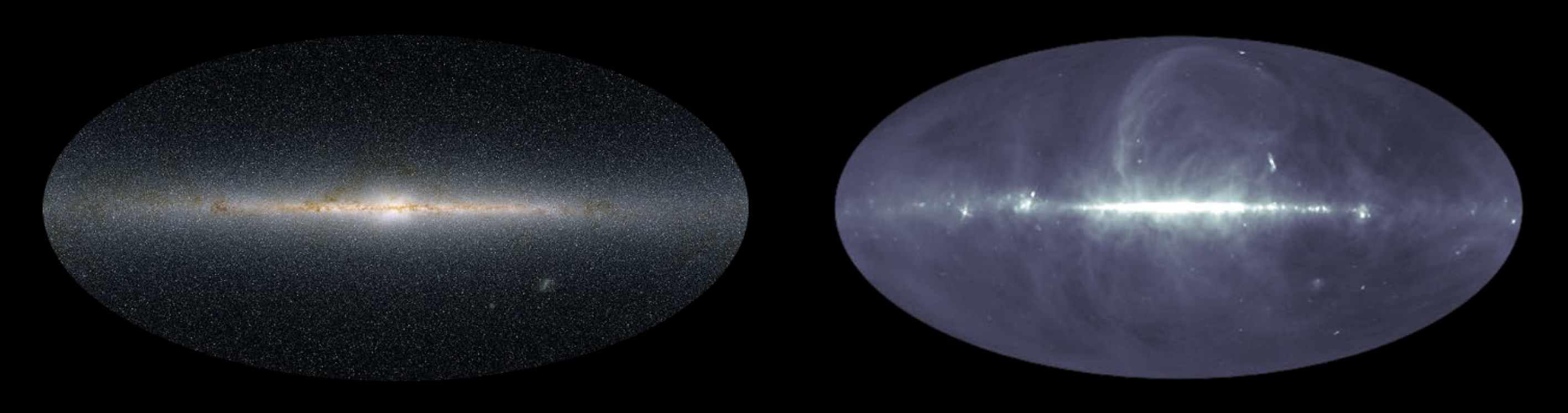 two oval-shaped views of the sky are shown. The left shows stars and galaxies in visible light, the right shows cloudy wisps and fewer but no less bright dots that look like stars, only they are detected at radiowave energies.