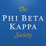 blue square with gold and white script lettering that says "the phi beta kappa society"