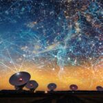 interpretive image showing dish telescopes on the ground pointed at a sky at twilight, with cartoon-y nodes connected by lines in the sky and holographic-like human faces perceptible in the connected nodes as well