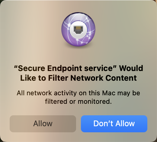 Cisco Secure Endpoint network filter permission window