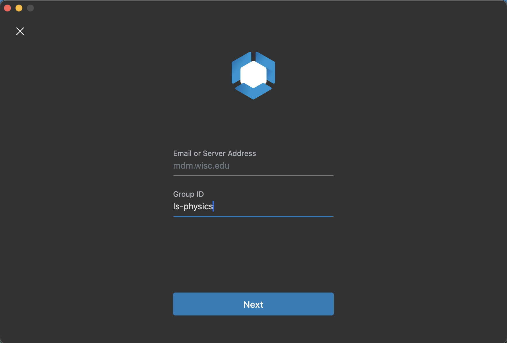 Workspace ONE Intelligent Hub connection window