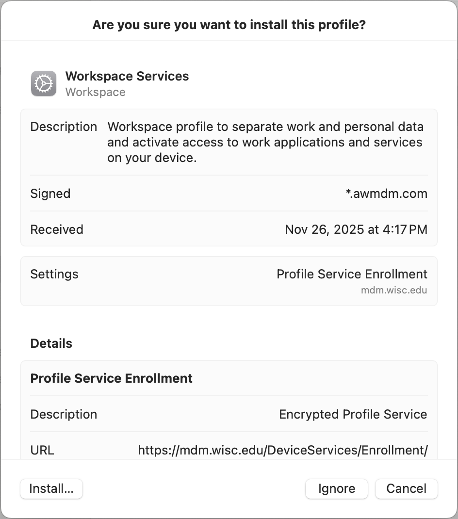Workspace ONE install profile screen